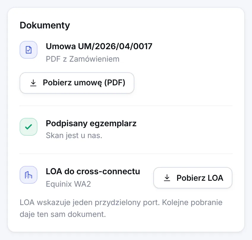 Karta Dokumenty w panelu klienta: umowa w PDF z Zamówieniem, potwierdzenie podpisanego egzemplarza i LOA do cross-connectu w obiekcie Equinix WA2 do pobrania