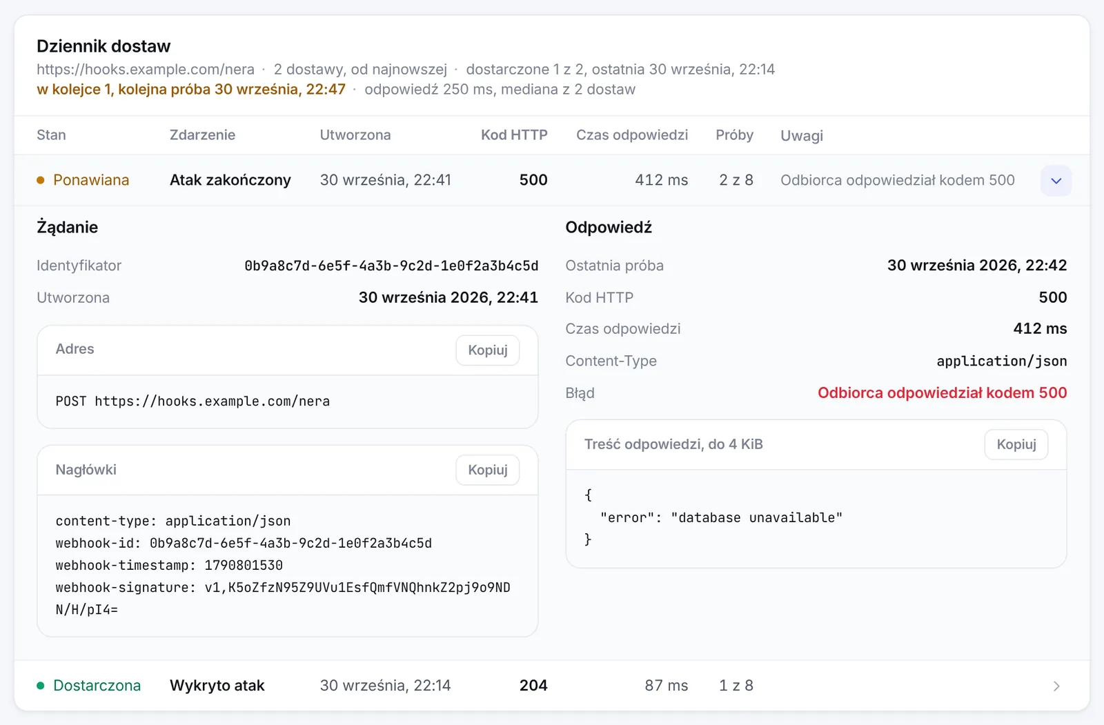 Dziennik dostaw webhooka: dostawa ponawiana po kodzie 500, z identyfikatorem, adresem i nagłówkami żądania z podpisem oraz odpowiedzią odbiorcy z kodem, czasem odpowiedzi i treścią