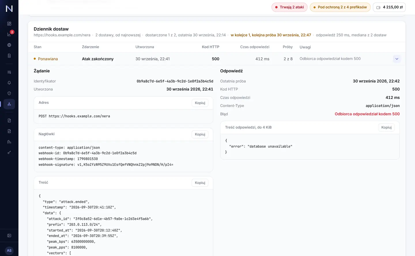 Webhooki: dziennik dostaw punktu końcowego z podsumowaniem, tabela dostaw i rozwinięta dostawa ponawiana z wysłanym żądaniem, nagłówkami i treścią obok odpowiedzi odbiorcy